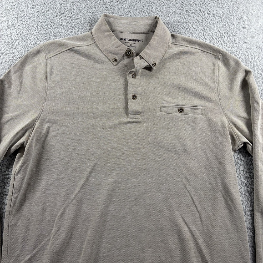 Johnston & Murphy Polo Shirt Mens Medium Oatmeal Beige Long Sleeve Collared
